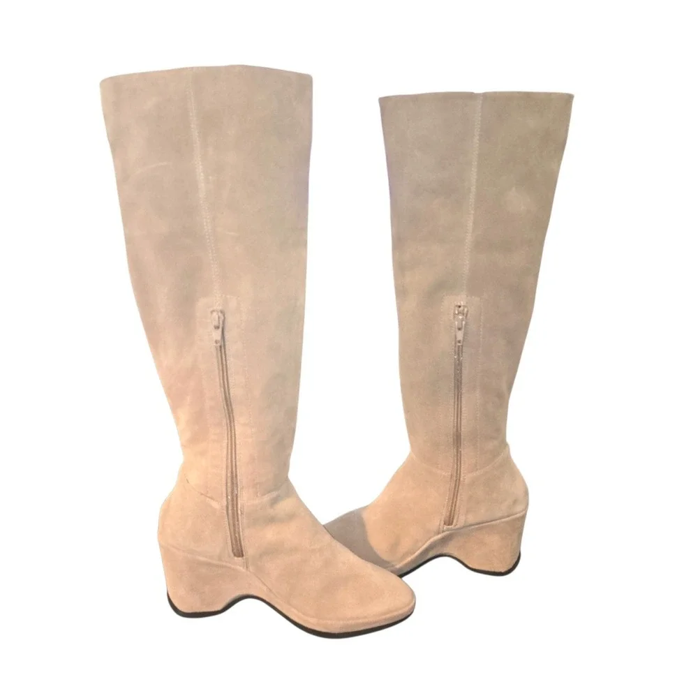 L'amour Des Pieds Odalys Boots Womens 7.5 Tan Suede Leather Tall Wedge Zip NEW
